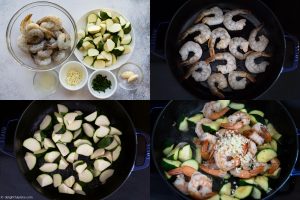 Step by step to make sautéed shrimp zucchini: sear shrimp, stir fry zucchini and throw everything together.