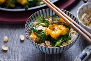 A bowl of vermicelli noodles, topped with Vietnamese turmeric fish, scallion, dish and roasted peanut. Cha Ca La Vong is an iconic dish of Hanoi.