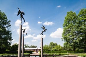 Statues over the pond at Missouri Botanical Gardens in St. Louis.