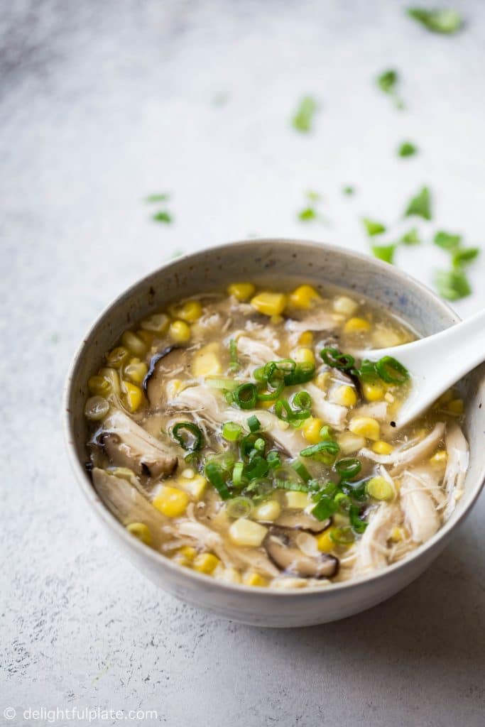 This easy chicken corn soup with shiitake mushrooms is a popular Vietnamese soup. It has the natural sweetness from fresh sweetcorn and earthiness from dried shiitake mushrooms. You only need half an hour to cook it in a pressure cooker such as an Instant Pot.