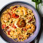 Scallop shrimp pasta with burst cherry tomatoes 1