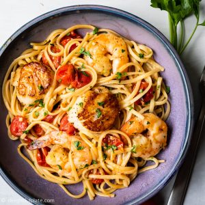 Scallop shrimp pasta with burst cherry tomatoes 1