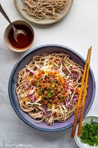This Spicy Beef Soba Noodle Salad features beef, soba noodle, lots of fresh and crisp vegetables and a spicy gochujang dressing inspired by Korean flavors. It is not only quick and easy to make but also healthy and fulfilling.
