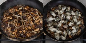 Simmer mushrooms, onions and oysters for oyster donburi