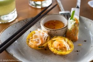 Afternoon tea at Azerai Can Tho: banh khot and fresh spring rolls.