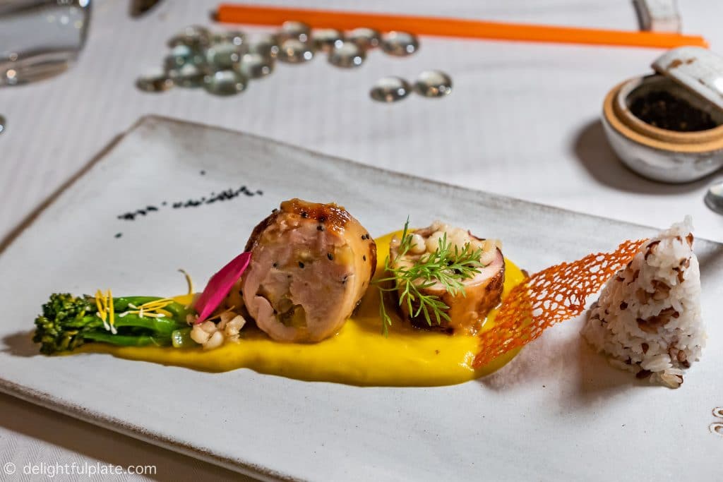 Slow cooked chicken with pumpkin puree and rice at Embassy restaurant, Siem Reap