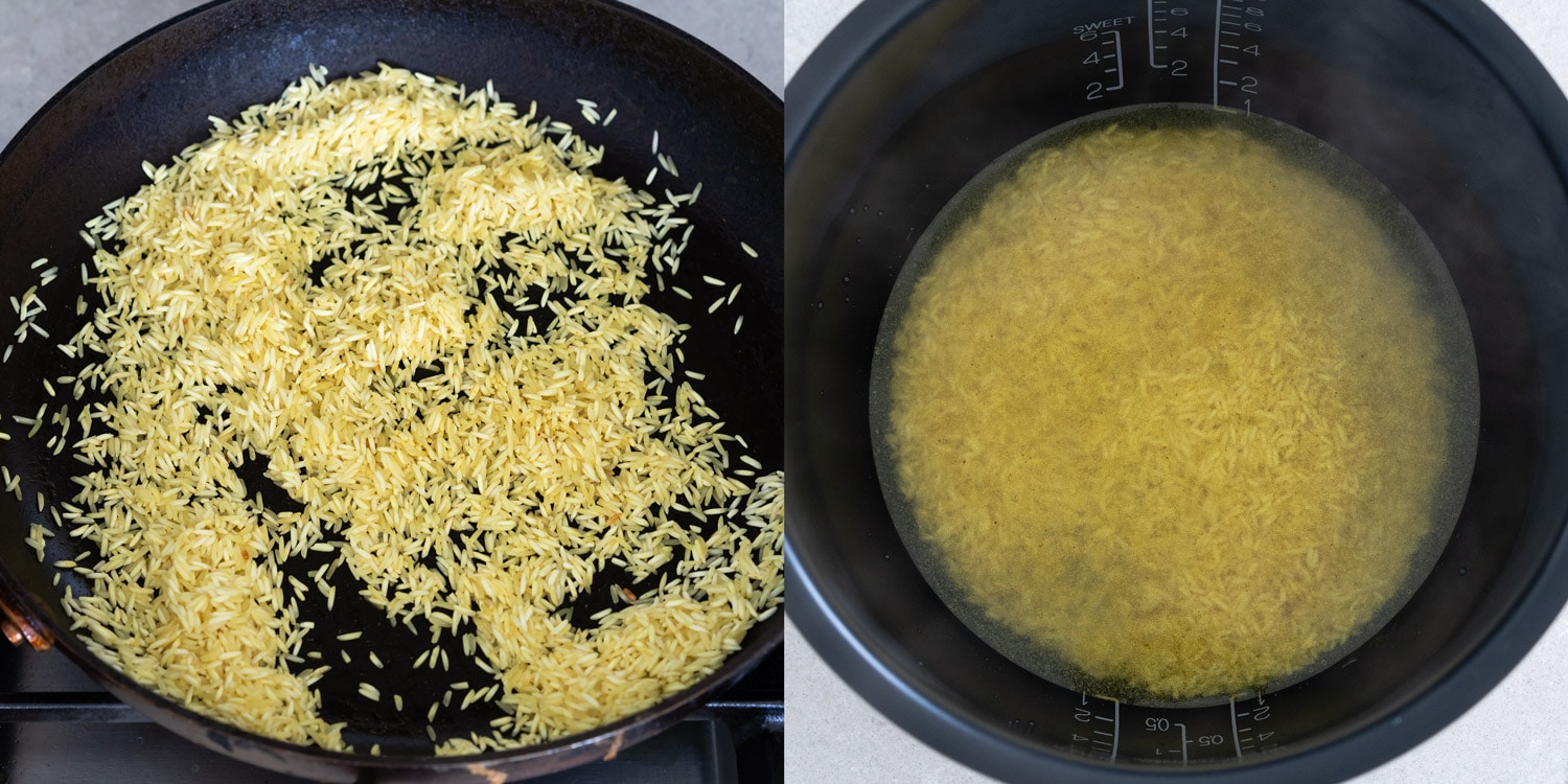 Cooking turmeric rice in chicken stock for Hoi An chicken rice