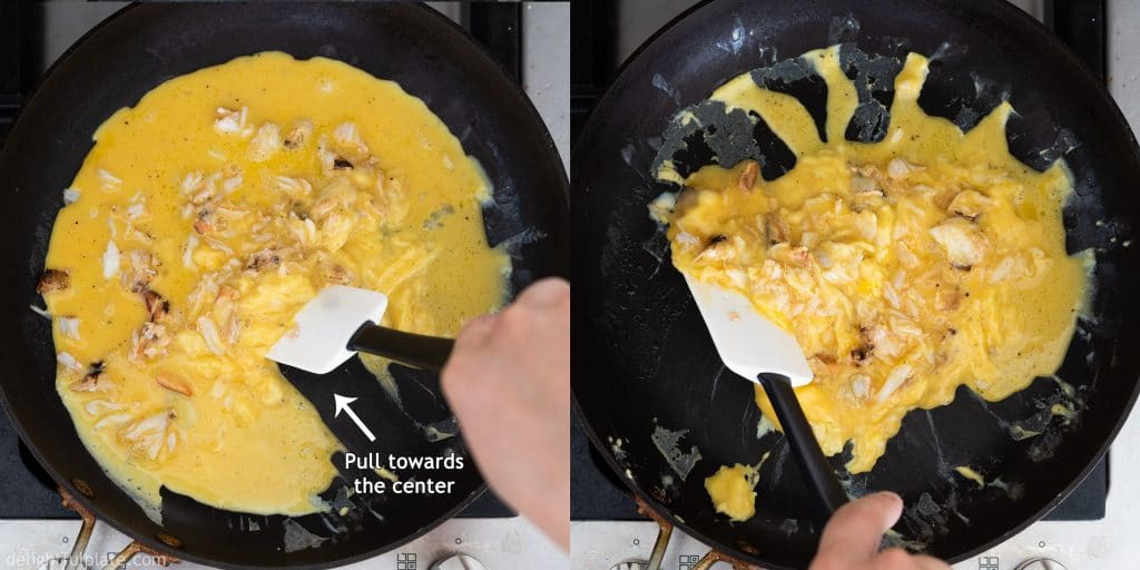 Crab Scrambled Eggs step 3: pull egg curds towards the center of the pan