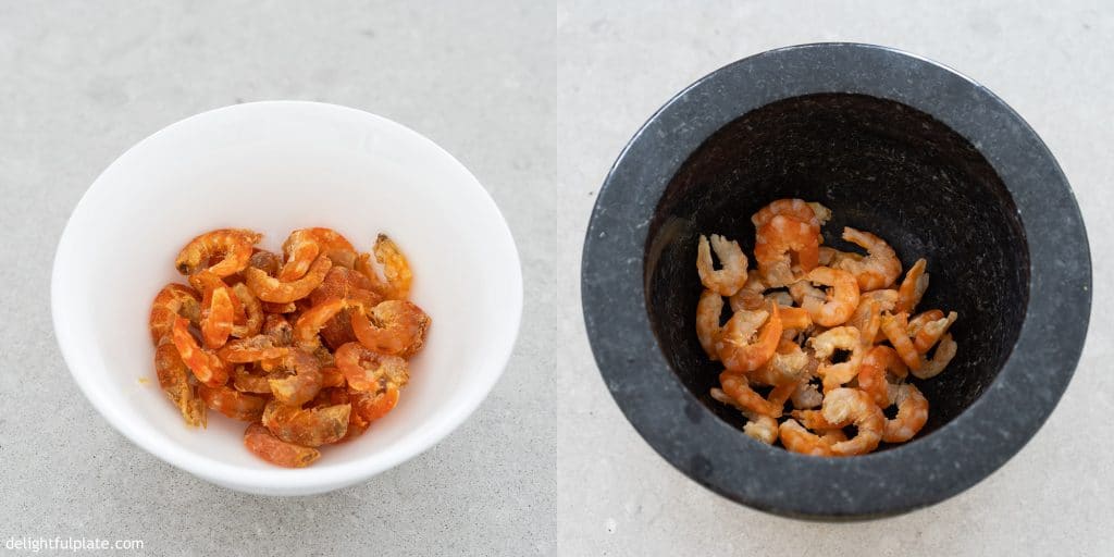 Dried shrimps (left) and reconstituted dried shrimps (right)