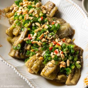 a plate of Vietnamese grilled eggplant (ca tim nuong mo hanh)