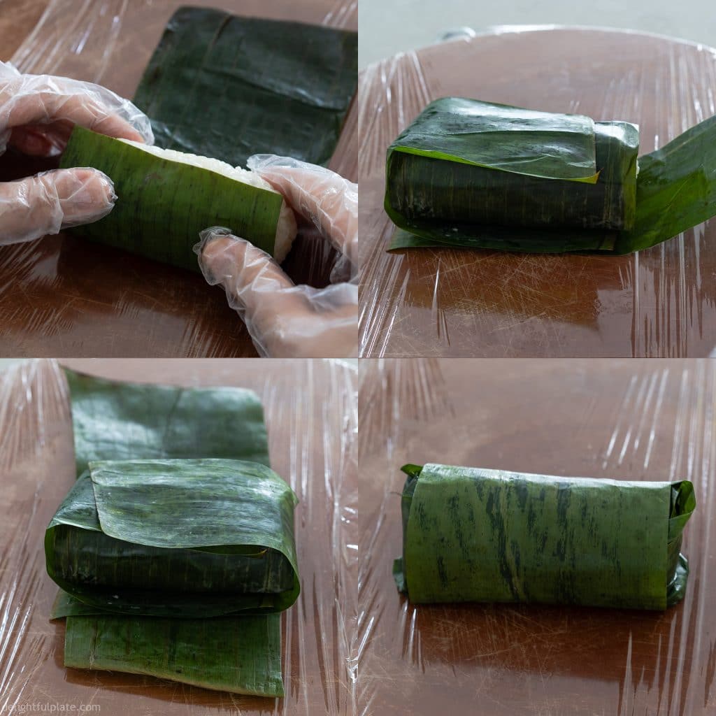 Wrap the banana sticky rice roll in a couple of layers of banana leaves