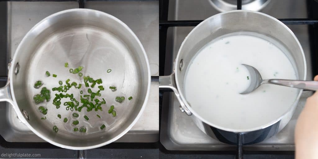 Making coconut sauce for Chuoi Nep Nuong: saute sliced scallions, then add coconut milk, salt, sugar and cornstarch.