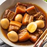a plate of Vietnamese caramelized pork belly and eggs