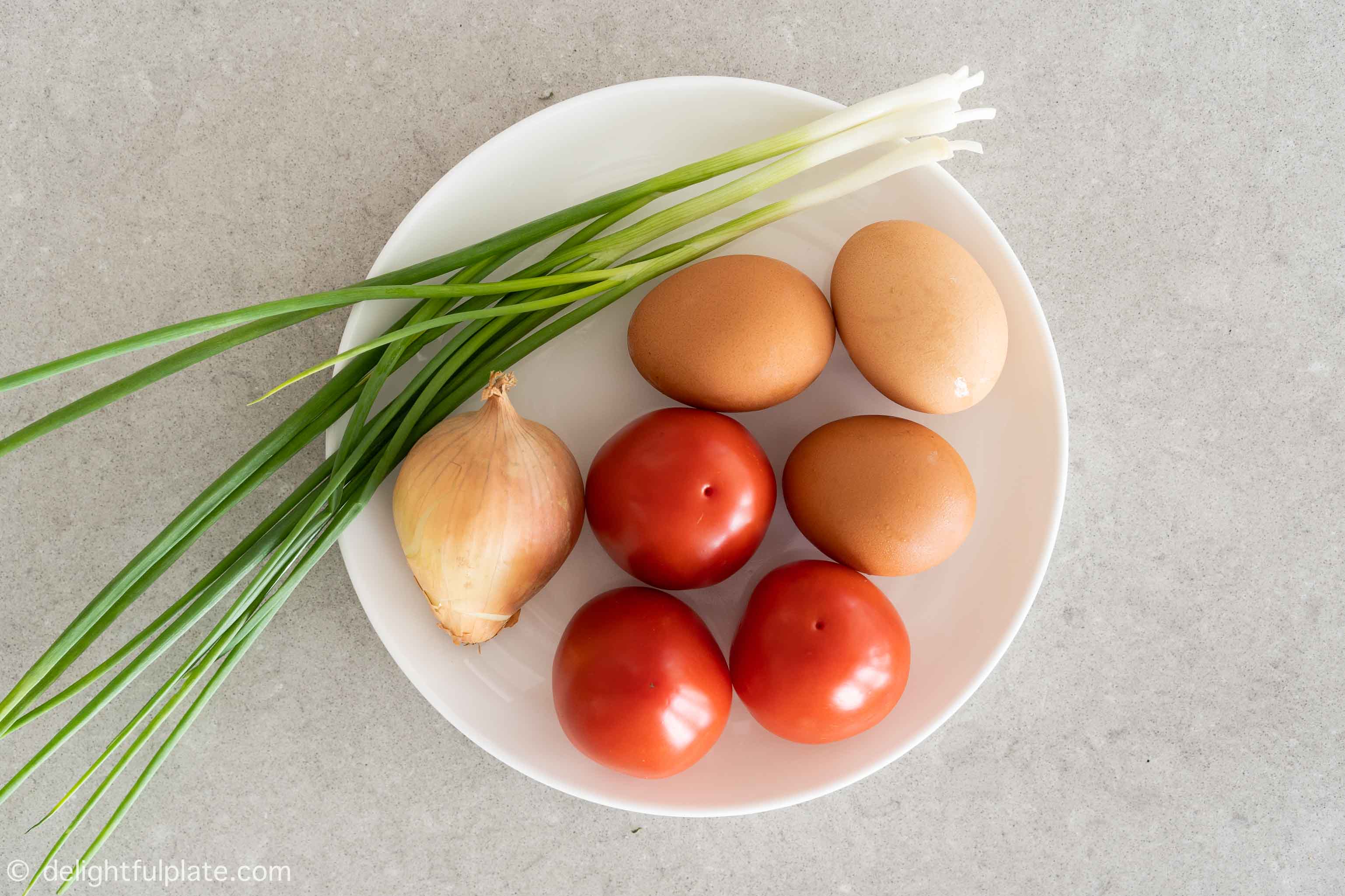 a plate with eggs, tomatoes, onions and scallions