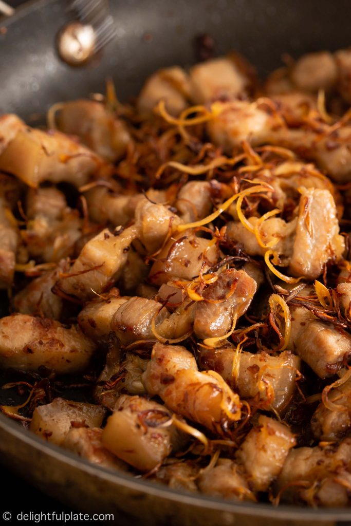 pieces of pork belly that have been browned with lemongrass, fish sauce and sugar.