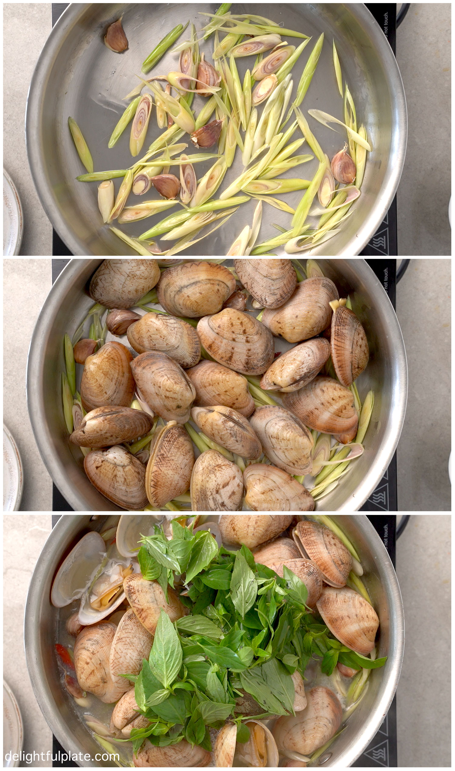 collage of steps to cook steamed clams with Thai Basil and lemongrass