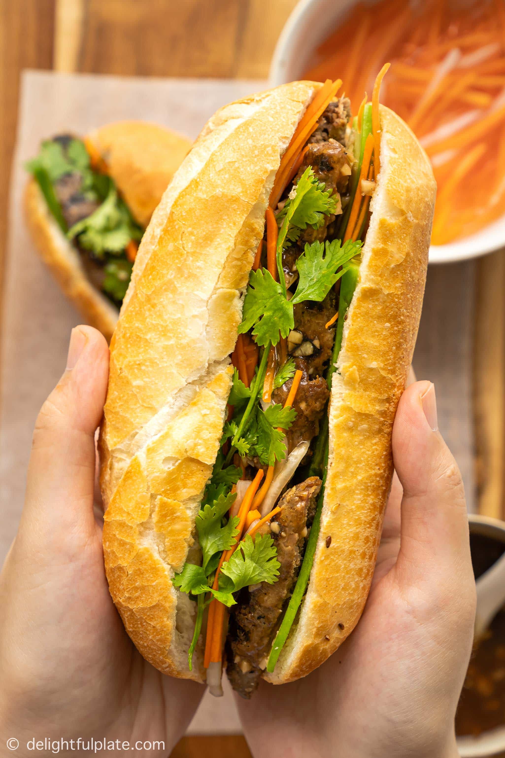 close up of Vietnamese lemongrass beef banh mi