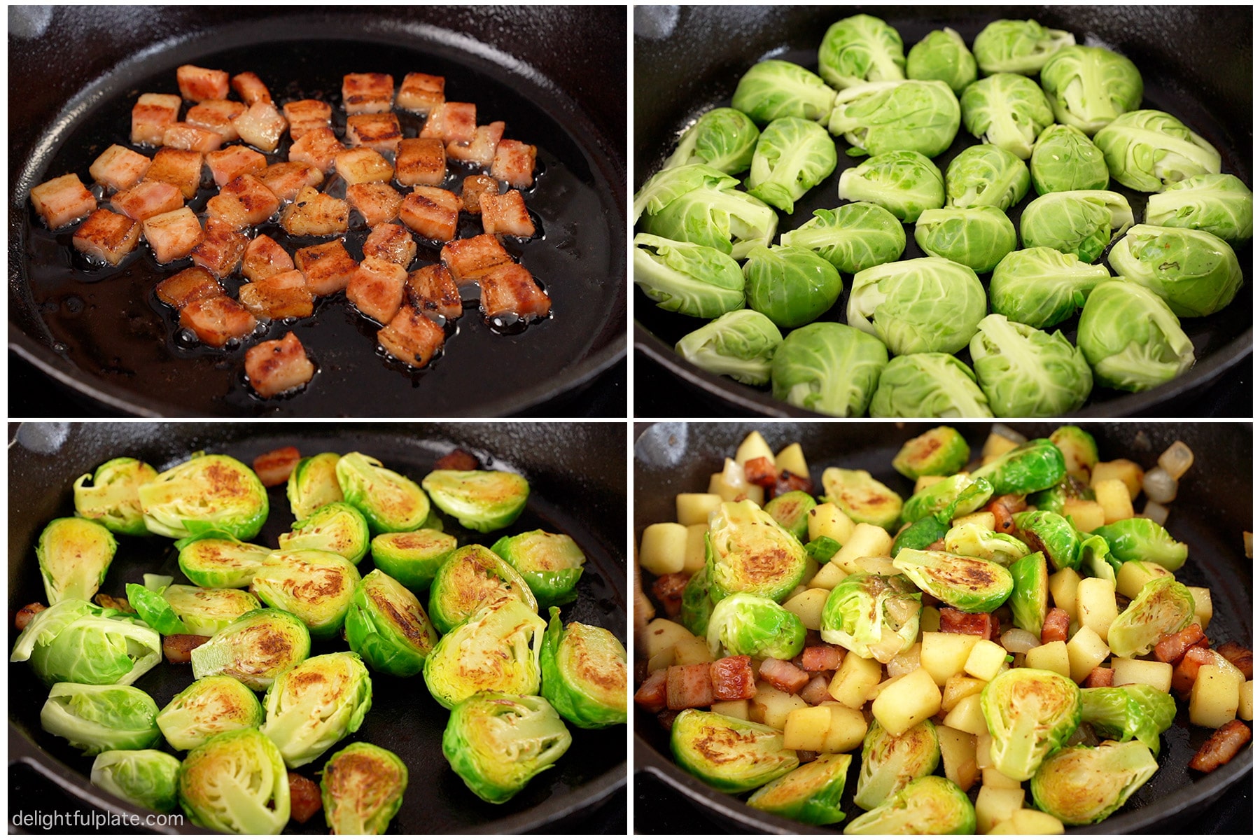 a collage of step-by-step photos on how to sauté Brussels sprouts with bacon and apple