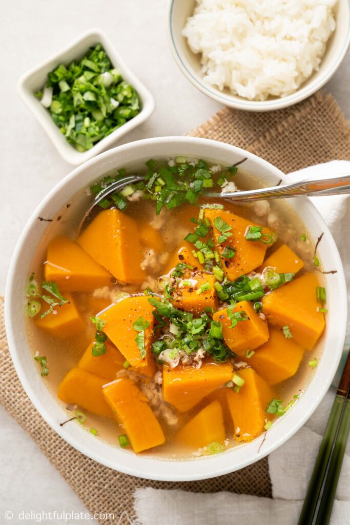 a bowl of Vietnamese pumpkin soup with pork