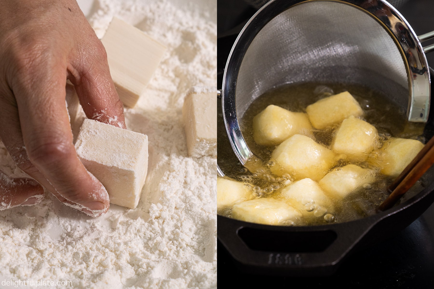 Step 3: coat the tofu with flour and deep fry