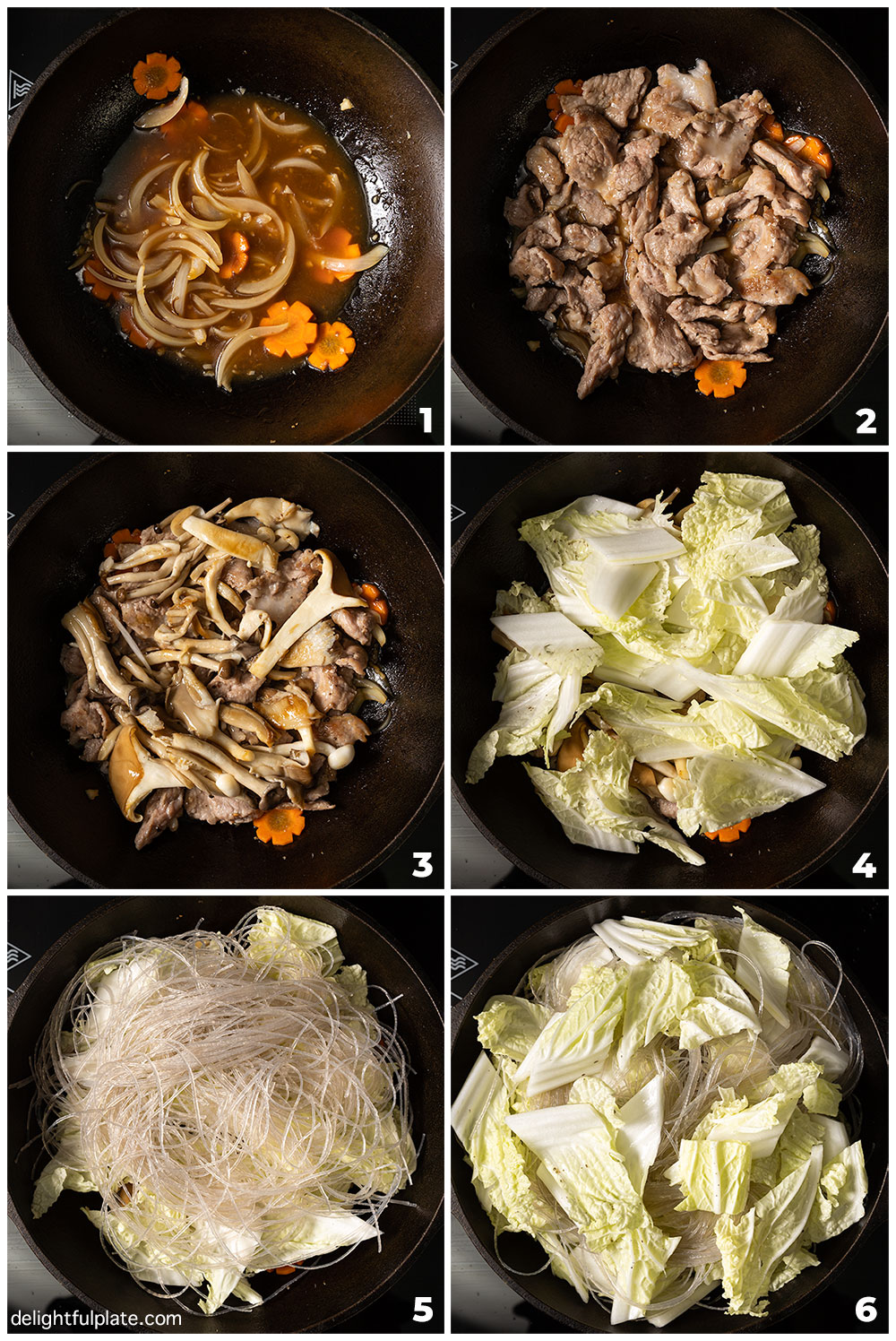 collage of steps to braise glass noodles with pork and napa cabbage