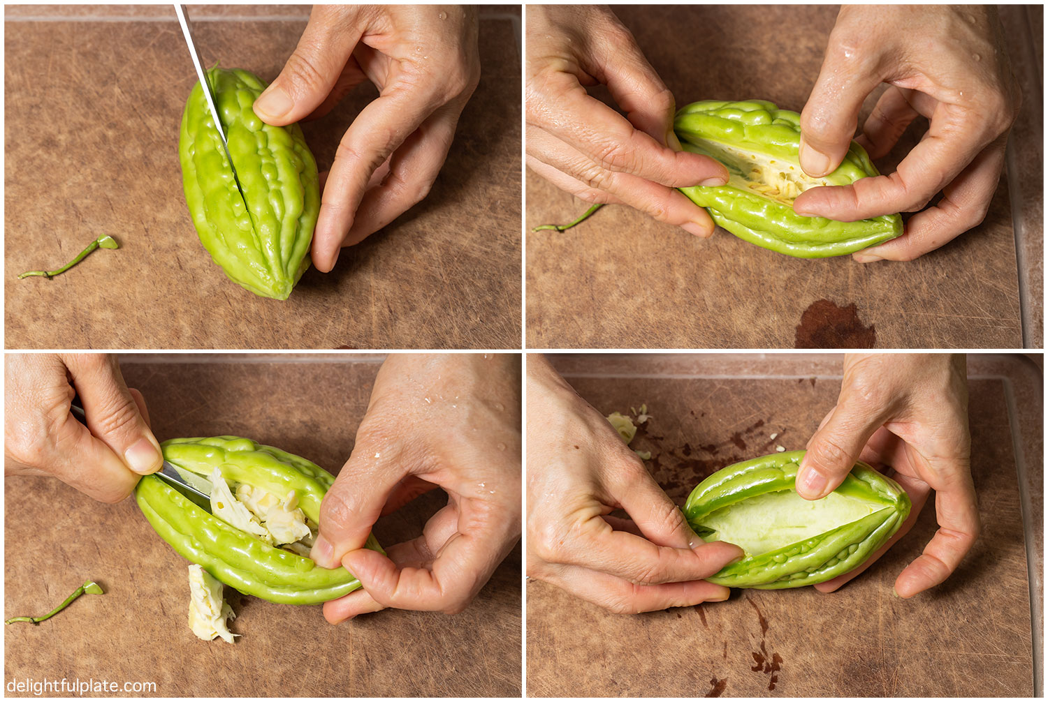 a collage of steps to prepare bitter melon