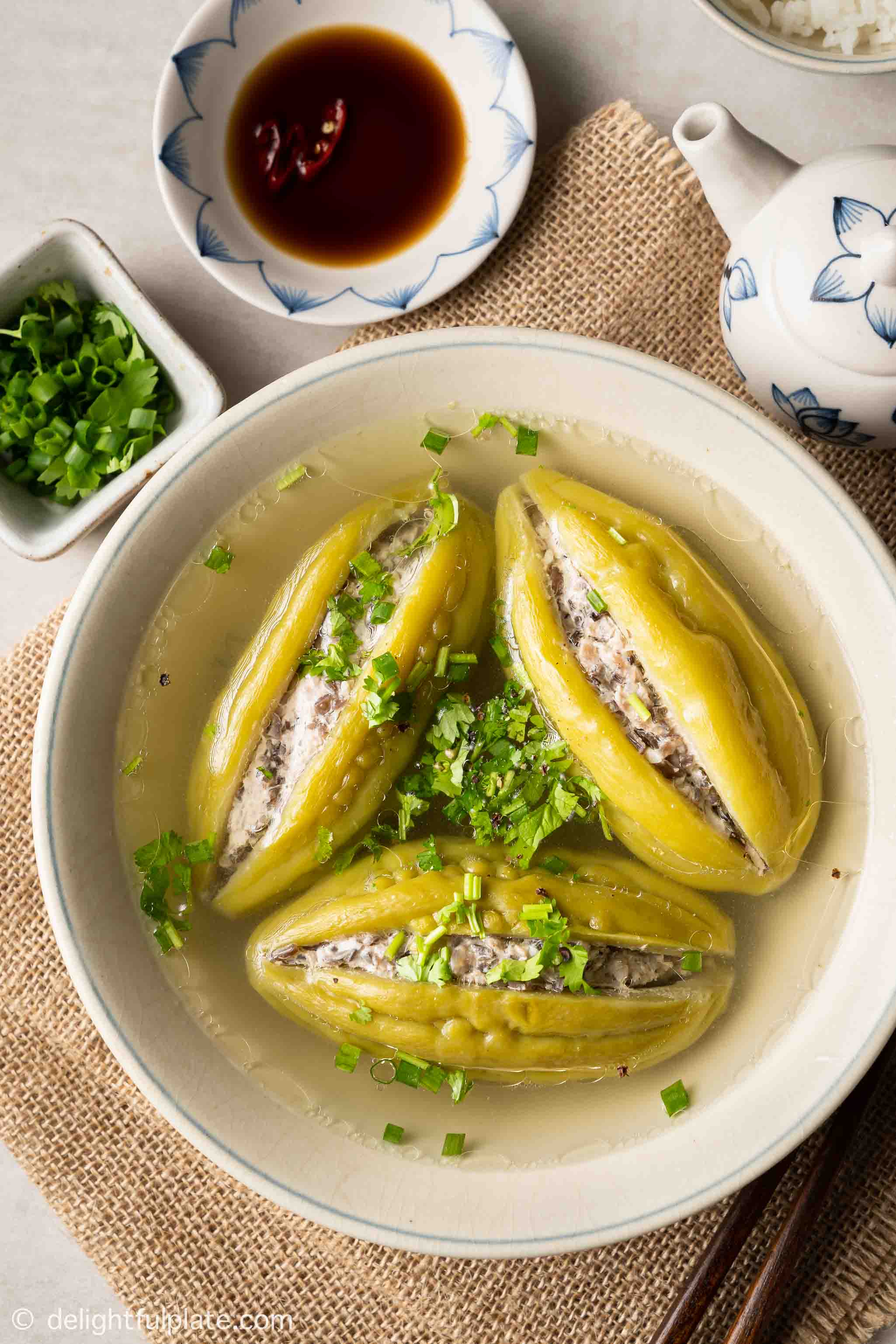 a bowl of Vietnamese stuffed bitter melon soup (canh kho qua don thịt)