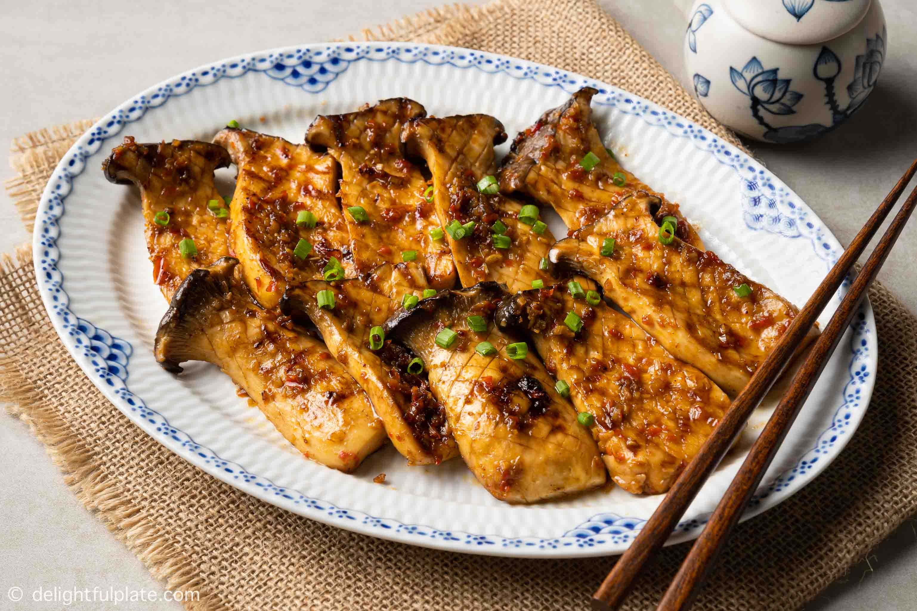a plate of spicy grilled king oyster mushrooms