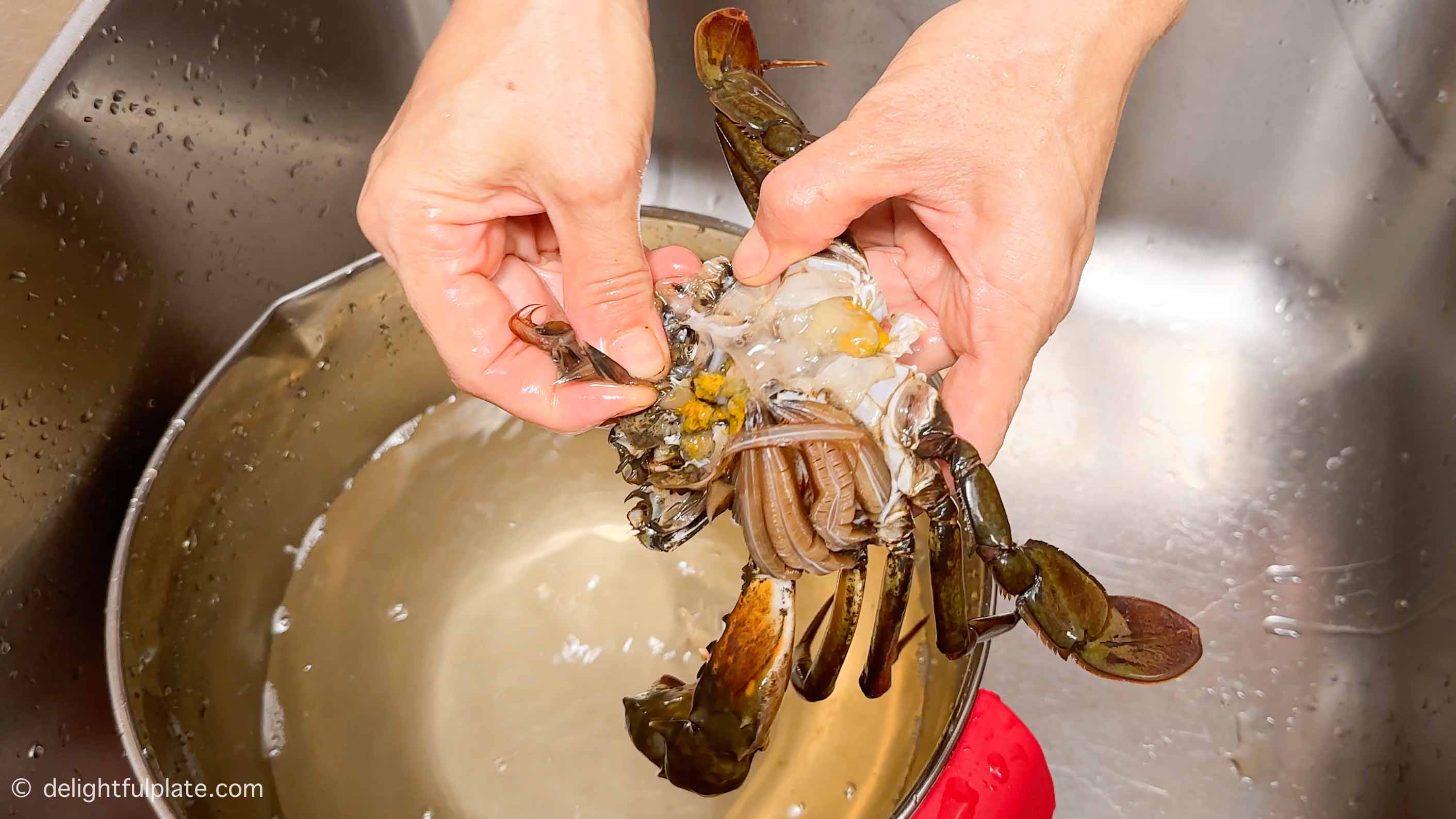 Removing gills from the crab body.